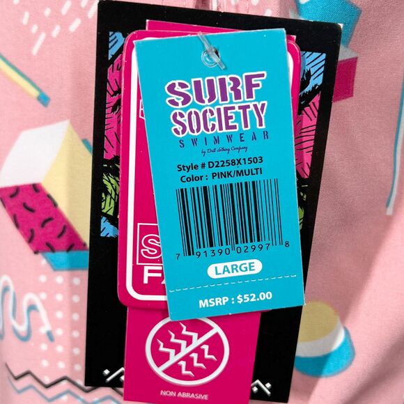 Surf Society Men's Large Pink Multicolor Retro 80s Geometric Print Swim Shorts - Picture 4 of 8